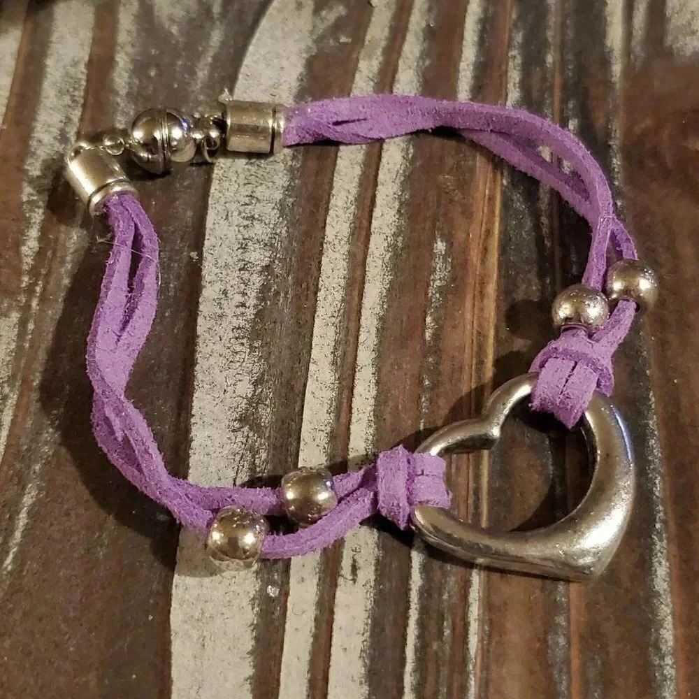 Silver Purple Vegan Suede Open Heart Bracelet